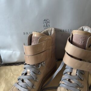 Brunello Cucinelli Beige Patent Leather High-Top Sneakers with Gray Laces